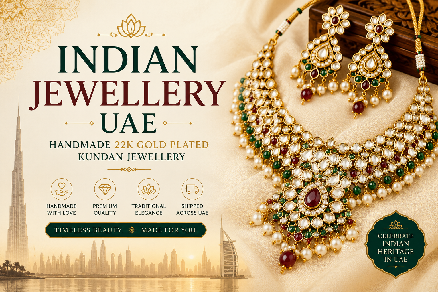 Indian Jewellery UAE | Handmade 22K Gold Finish Kundan Jewellery