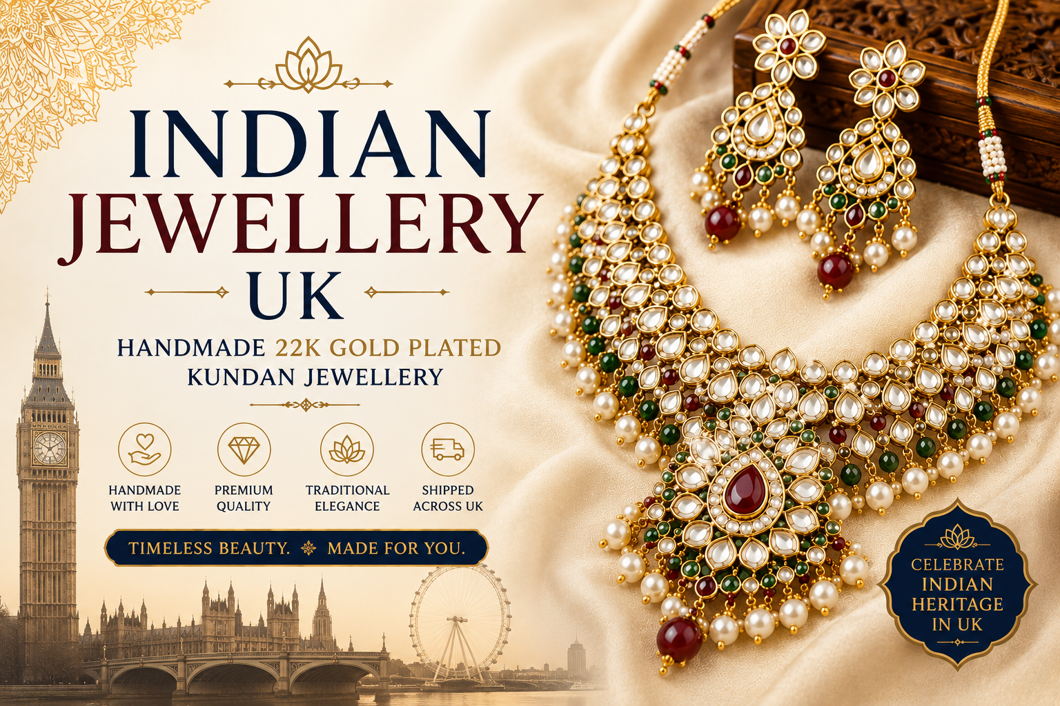 Indian Jewellery UK | Handmade 22K Gold Finish Kundan Jewellery