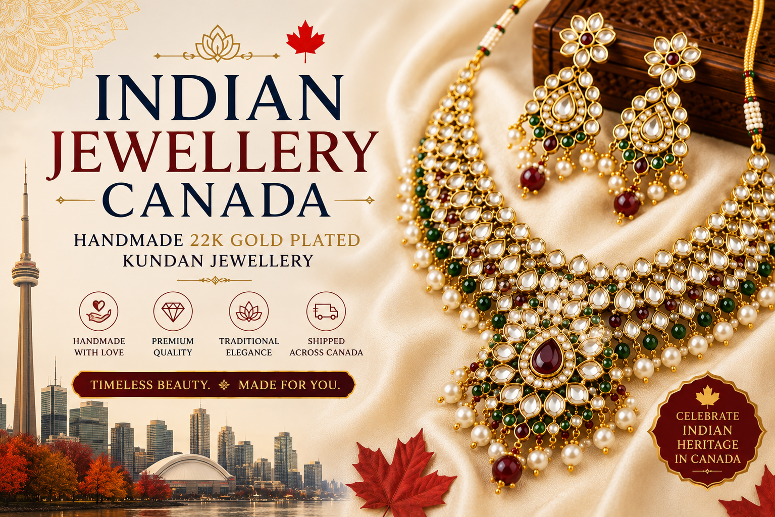 Indian Jewellery Canada | Handmade 22K Gold Finish Kundan Jewelry