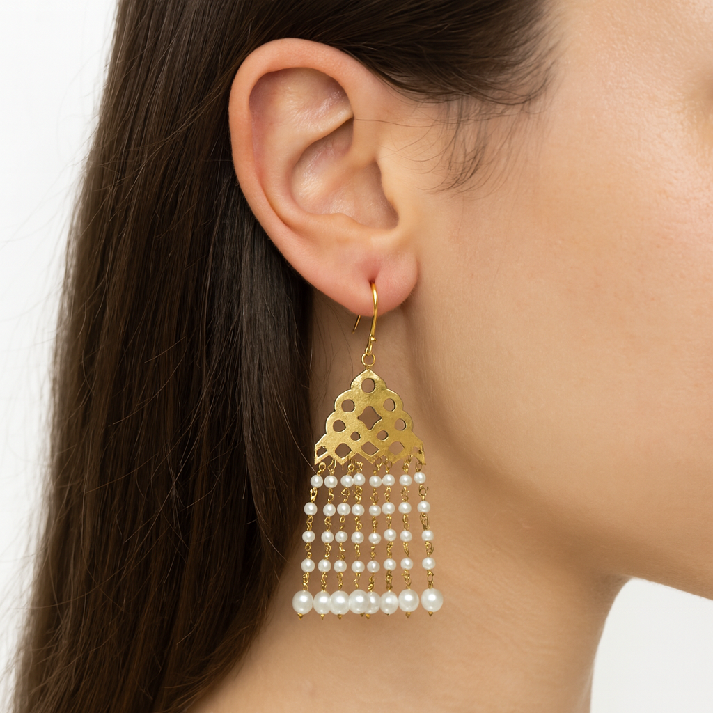 22K Gold Finish Kundan Drop Dangler Earrings with Pearl White Beads