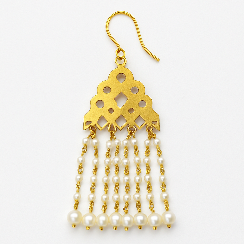 22K Gold Finish Kundan Drop Dangler Earrings with Pearl White Beads