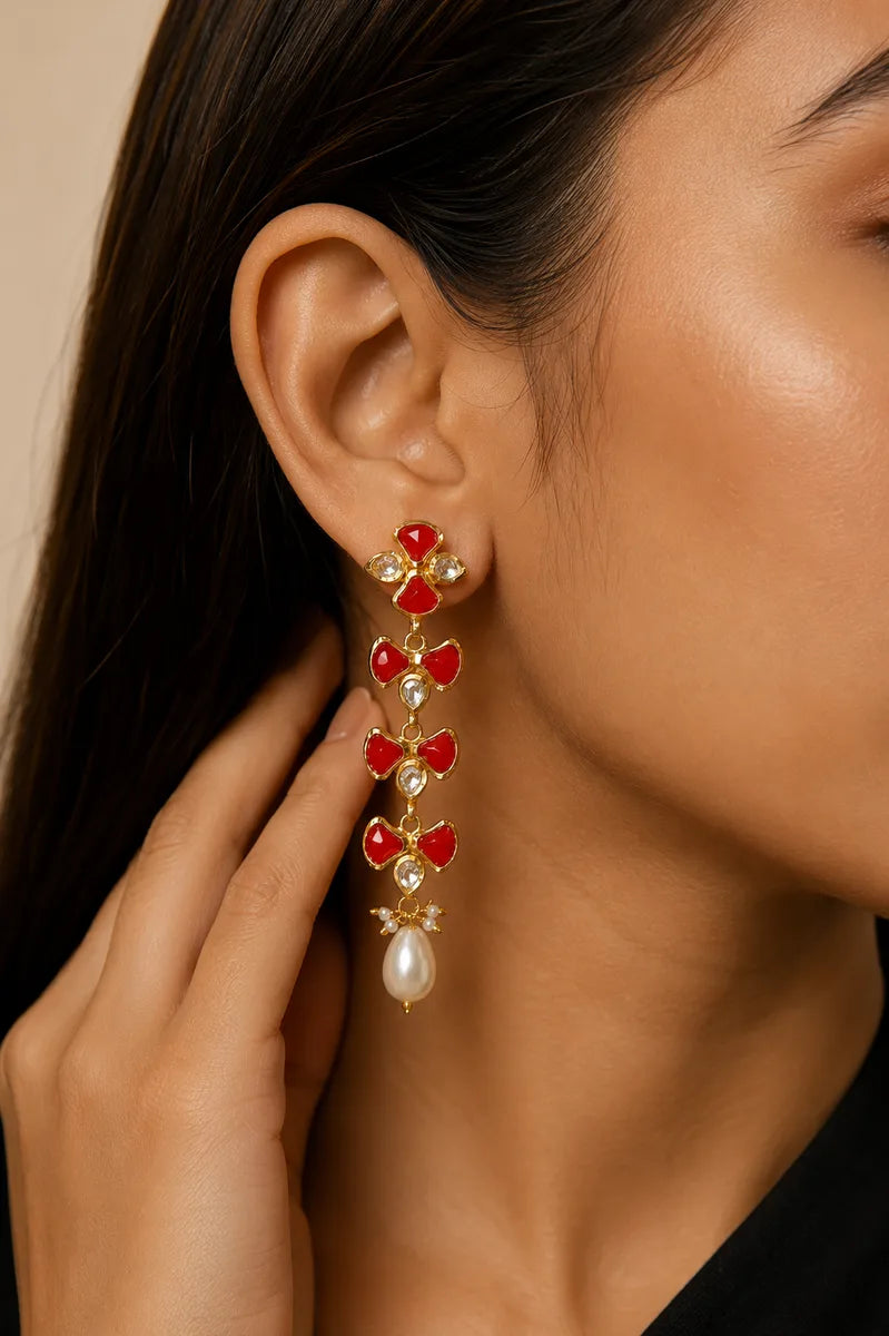 Kundan Long Drop Earrings with Red Kemp & Pearl Drop