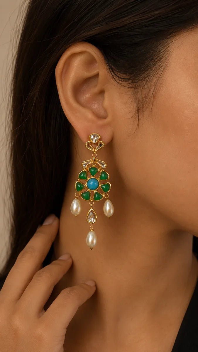 Kundan Floral Drop Earrings with Green & Turquoise Stones