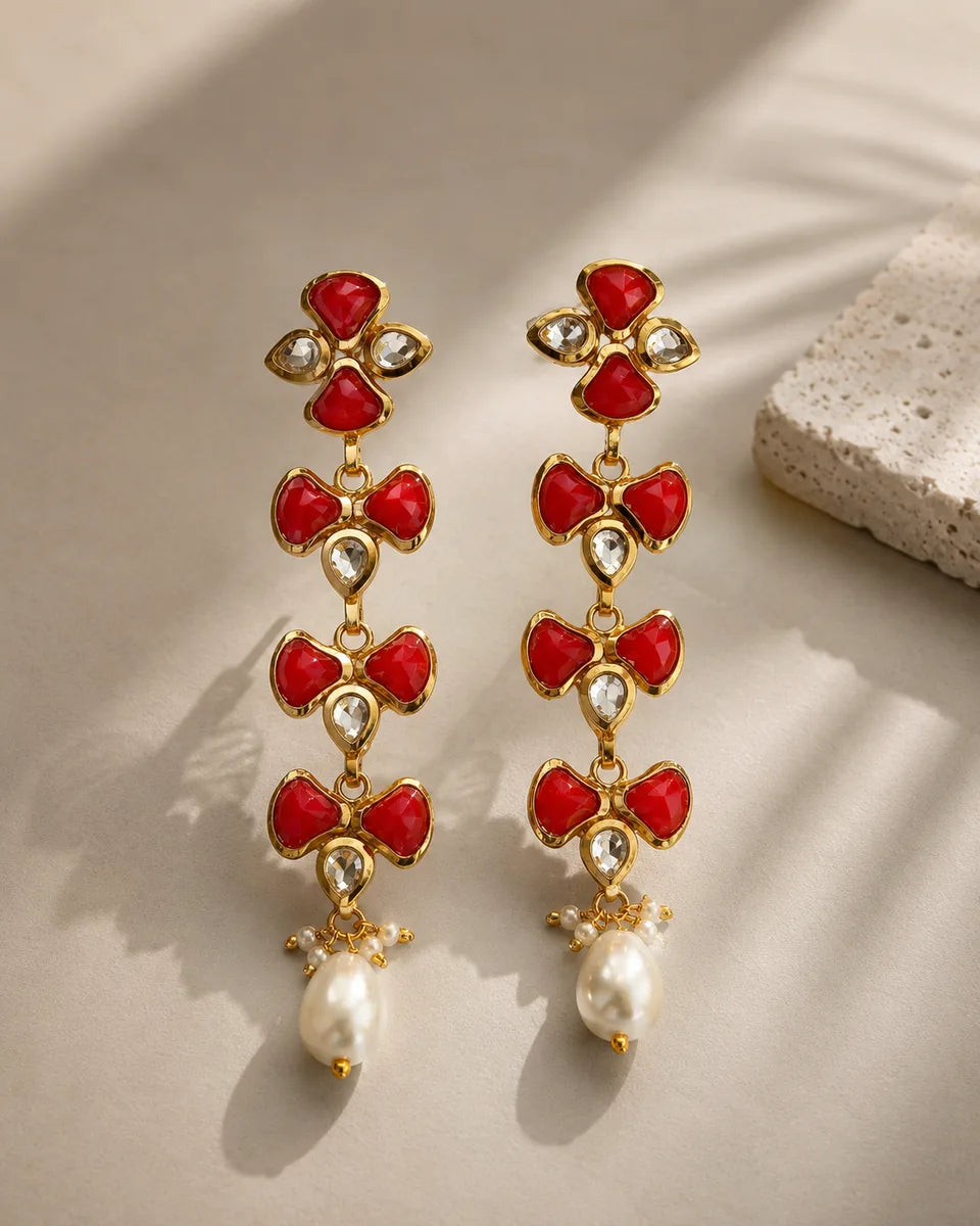 Kundan Long Drop Earrings with Red Kemp & Pearl Drop