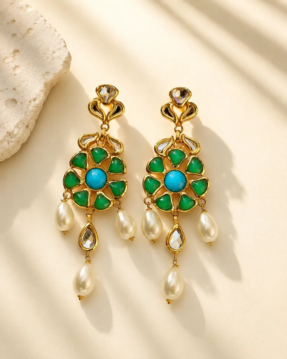 Kundan Floral Drop Earrings with Green & Turquoise Stones