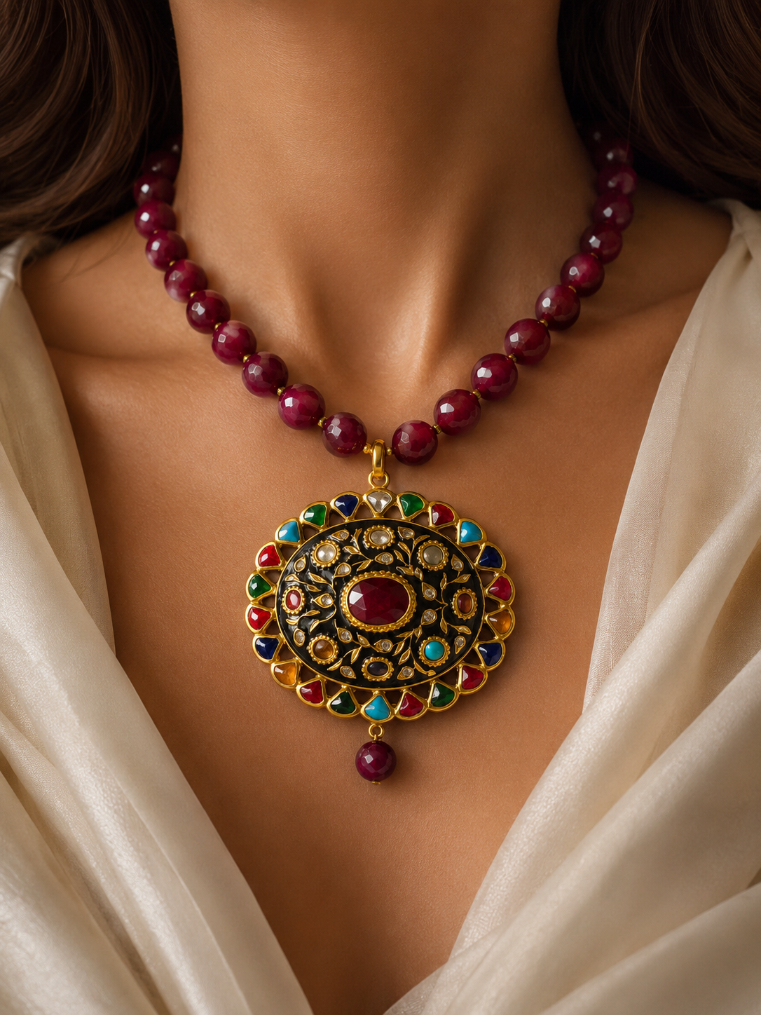 Royal Navratan Polki Kundan Pendant Necklace – Handmade 22K Gold Finish Meenakari Statement Jewelry