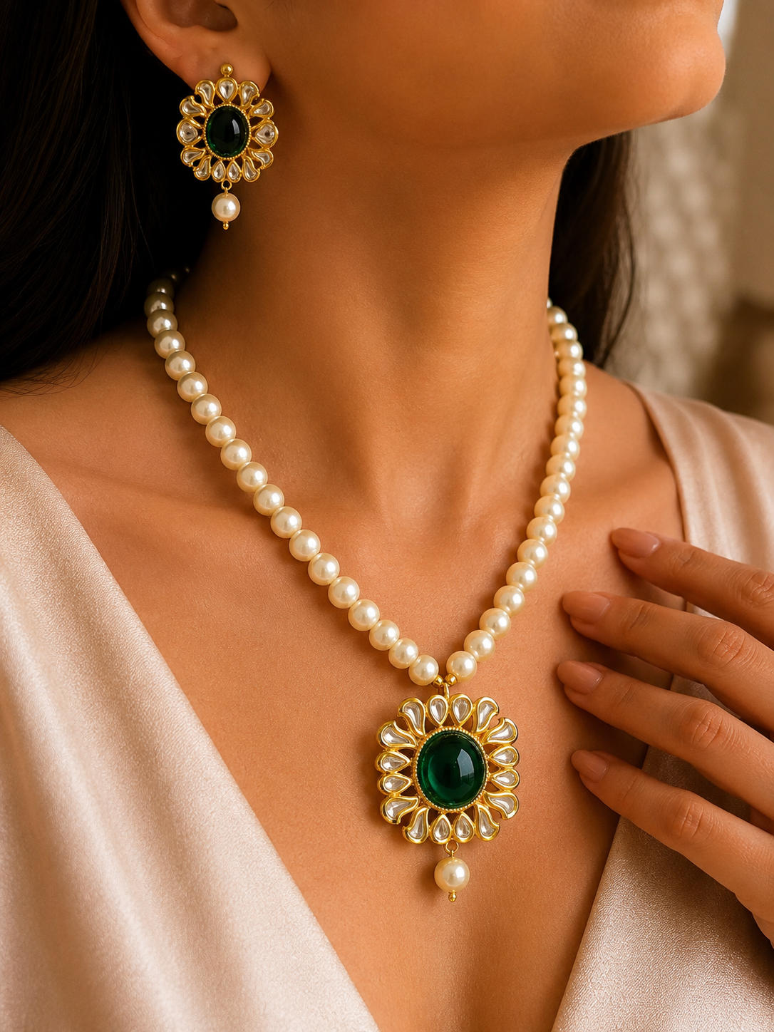Royal Emerald Polki Kundan Layered Necklace – Handmade 22K Gold Finish Bridal Statement Jewelry