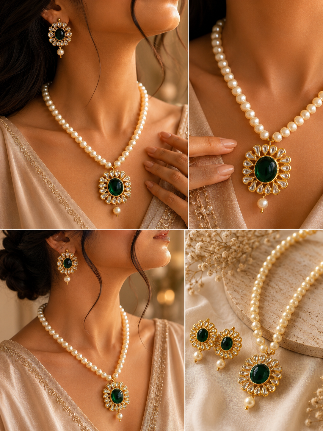 Royal Emerald Polki Kundan Layered Necklace – Handmade 22K Gold Finish Bridal Statement Jewelry