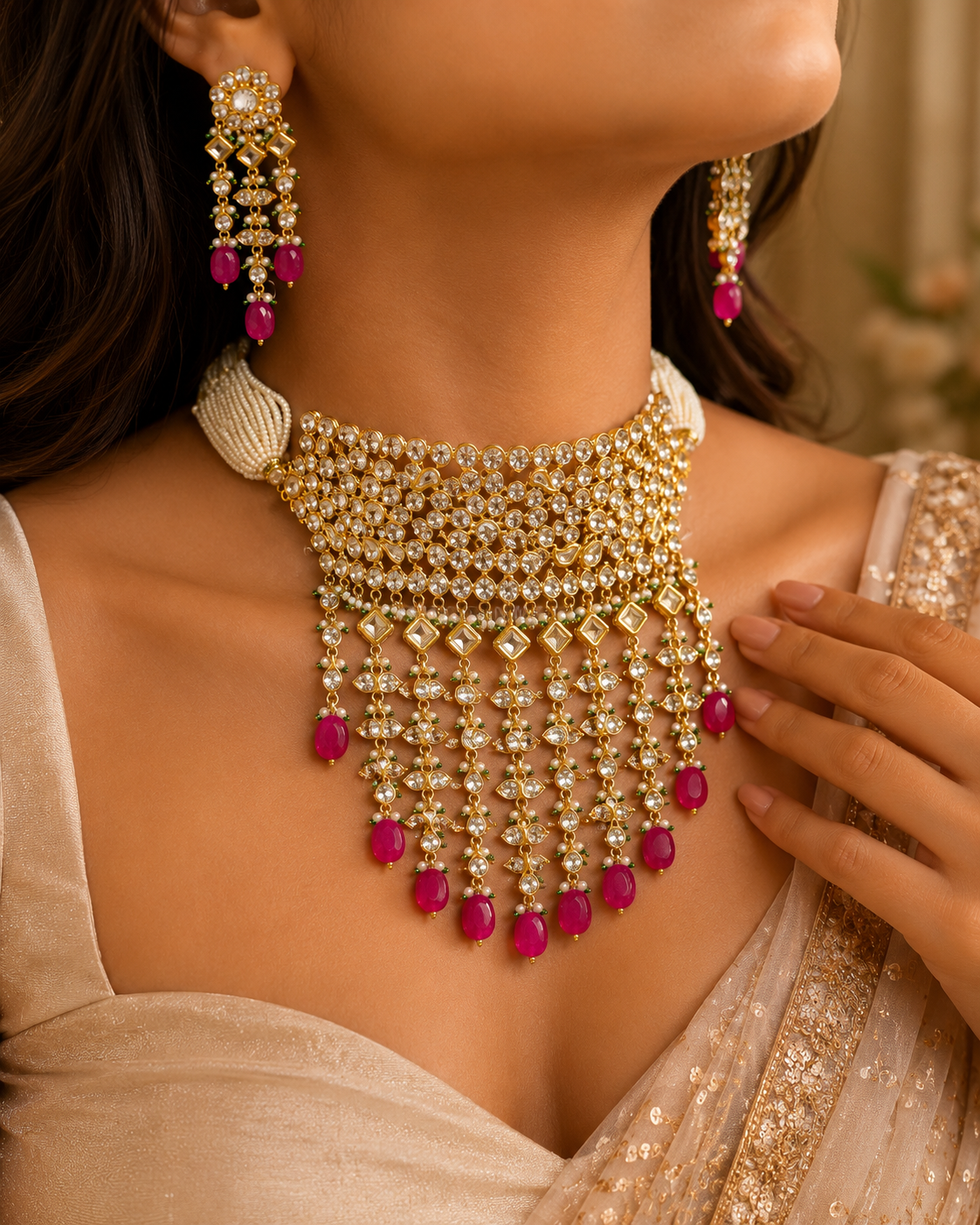 Royal Pink Kundan Choker Set – Handmade 22K Gold Finish Bridal Statement Jewelry