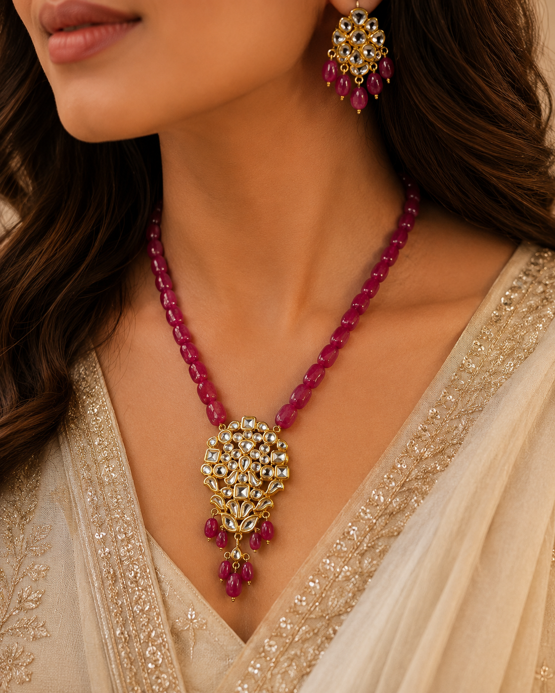 Royal Pink Kundan Mala Necklace Set – Handmade 22K Gold Finish Statement Bridal Jewelry