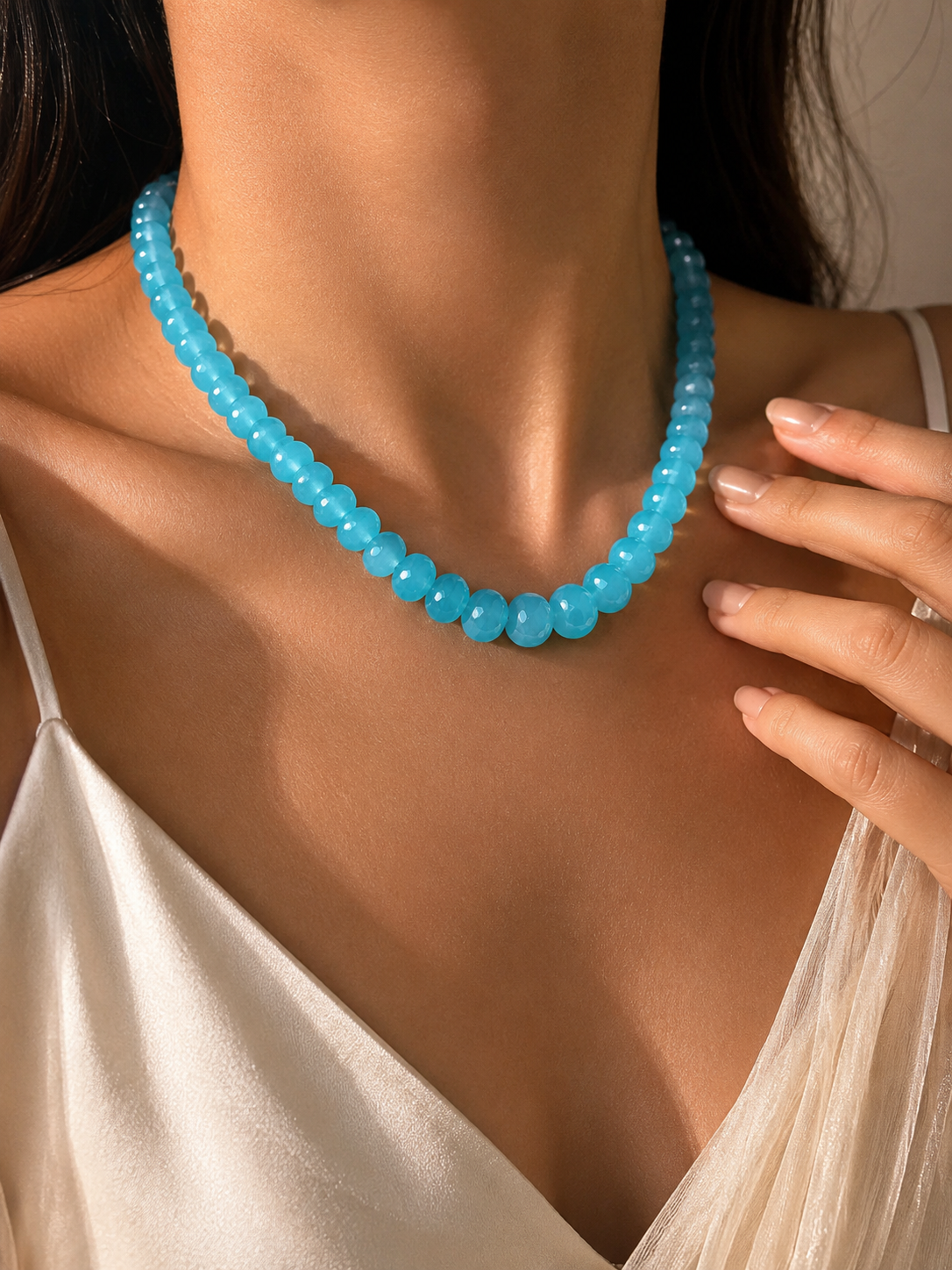 Aqua Blue Chalcedony Beaded Necklace – Hand Knotted Gemstone Statement Necklace | Luxury Artisan Jewelry