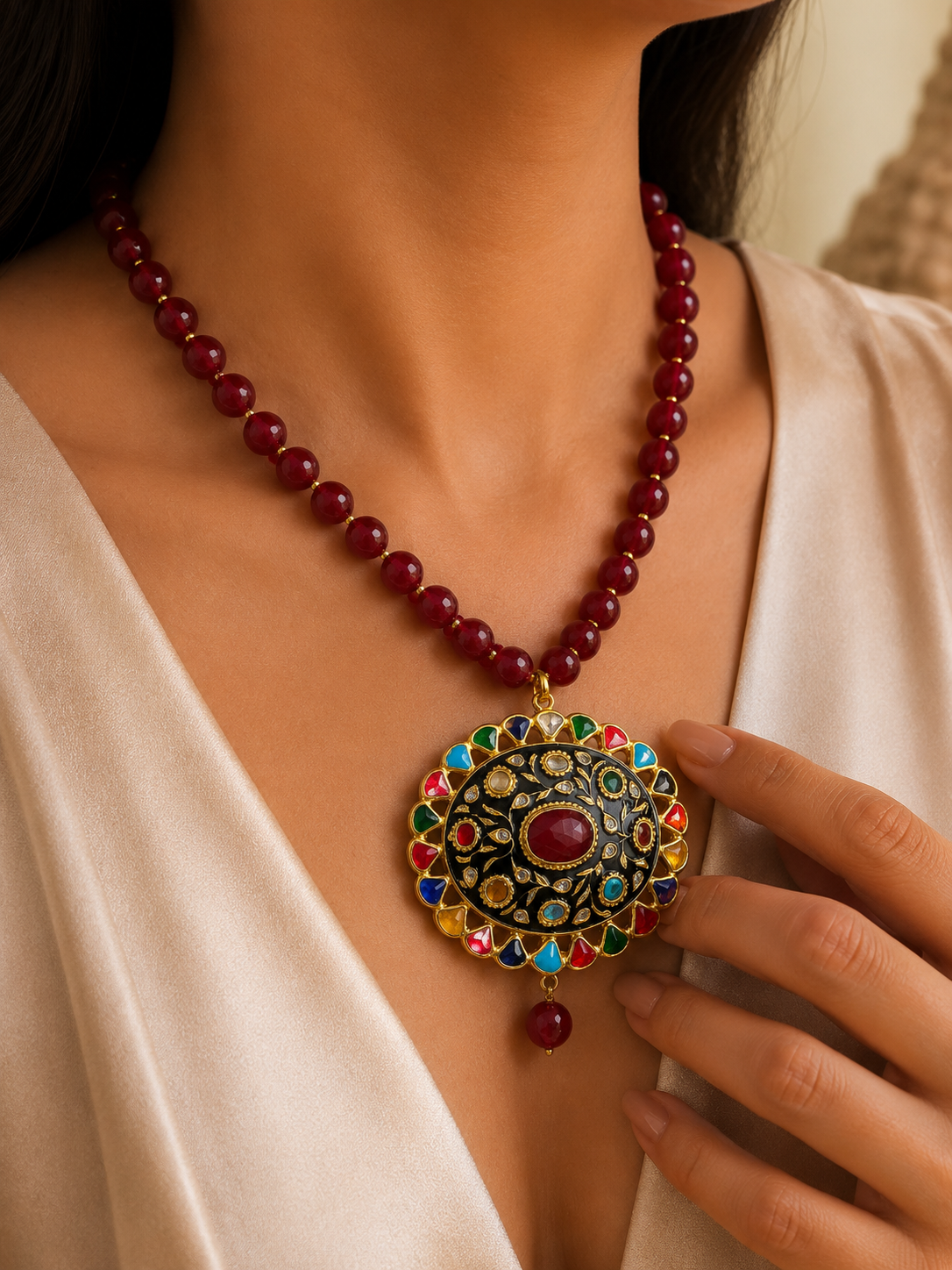 Royal Navratan Polki Kundan Pendant Necklace – Handmade 22K Gold Finish Meenakari Statement Jewelry