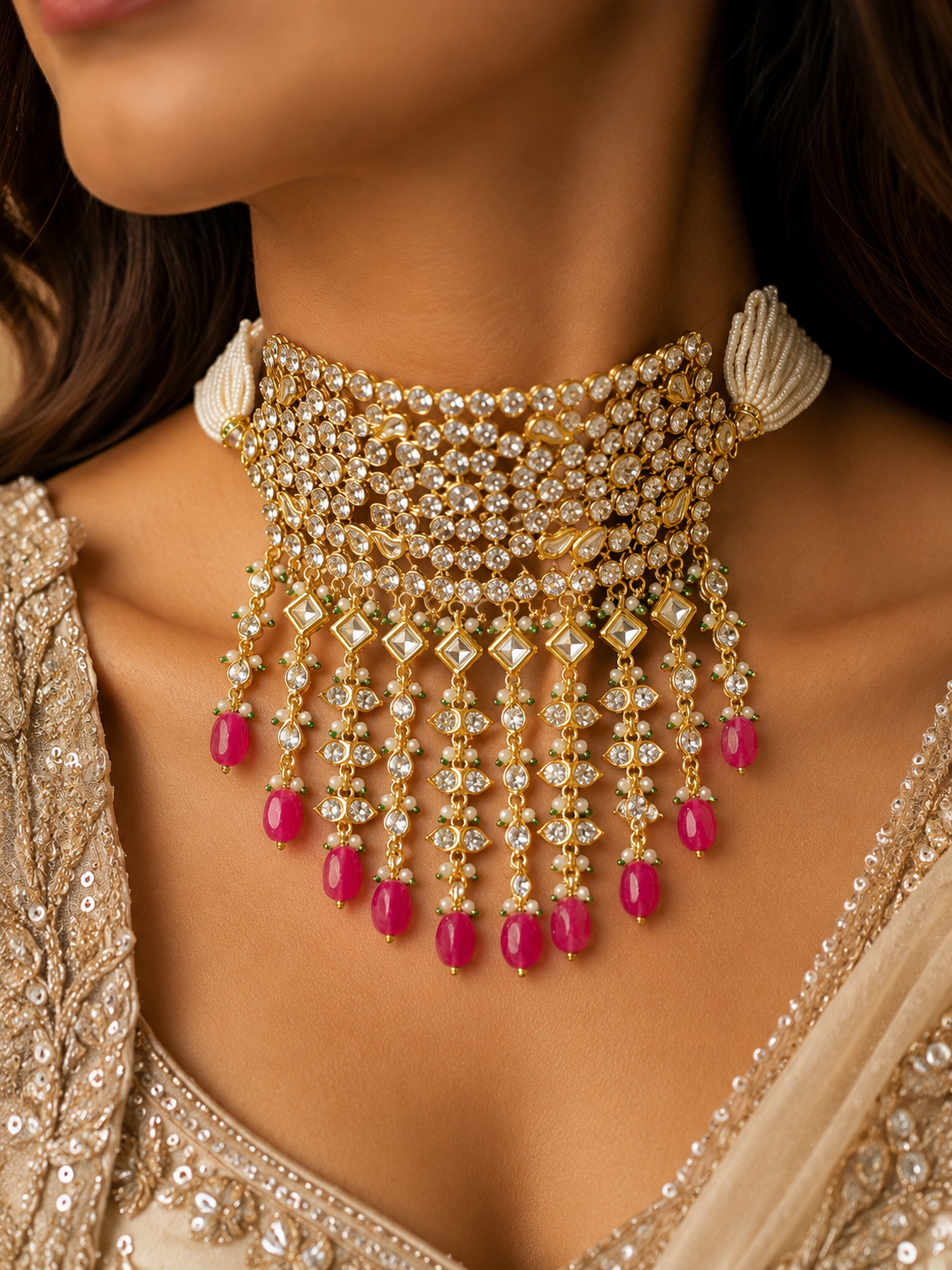 Royal Pink Kundan Choker Set – Handmade 22K Gold Finish Bridal Statement Jewelry