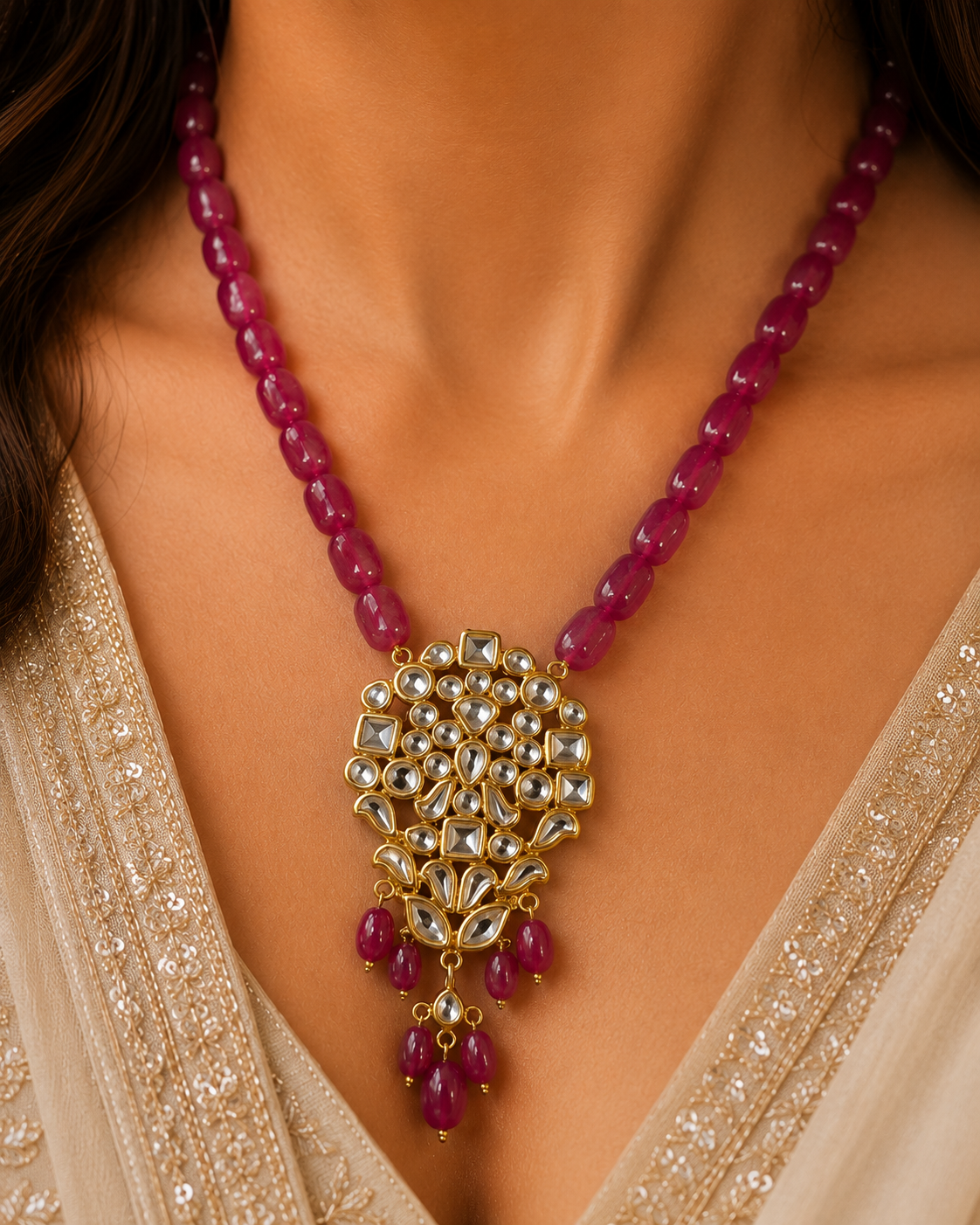 Royal Pink Kundan Mala Necklace Set – Handmade 22K Gold Finish Statement Bridal Jewelry
