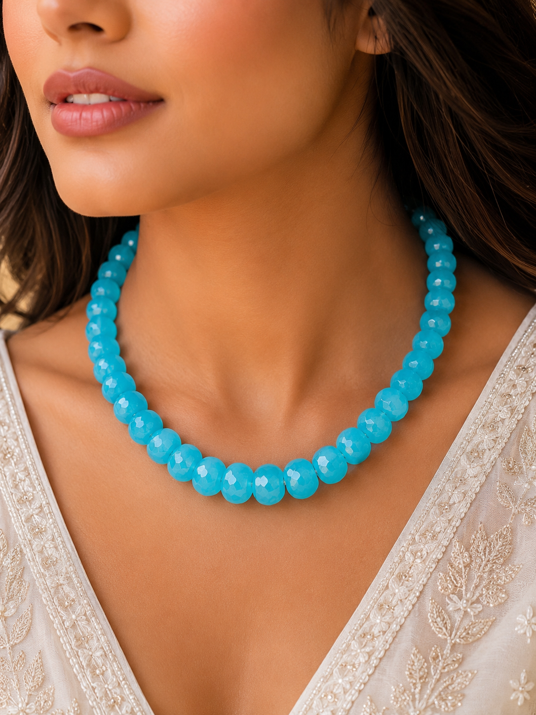 Aqua Blue Chalcedony Beaded Necklace – Hand Knotted Gemstone Statement Necklace | Luxury Artisan Jewelry