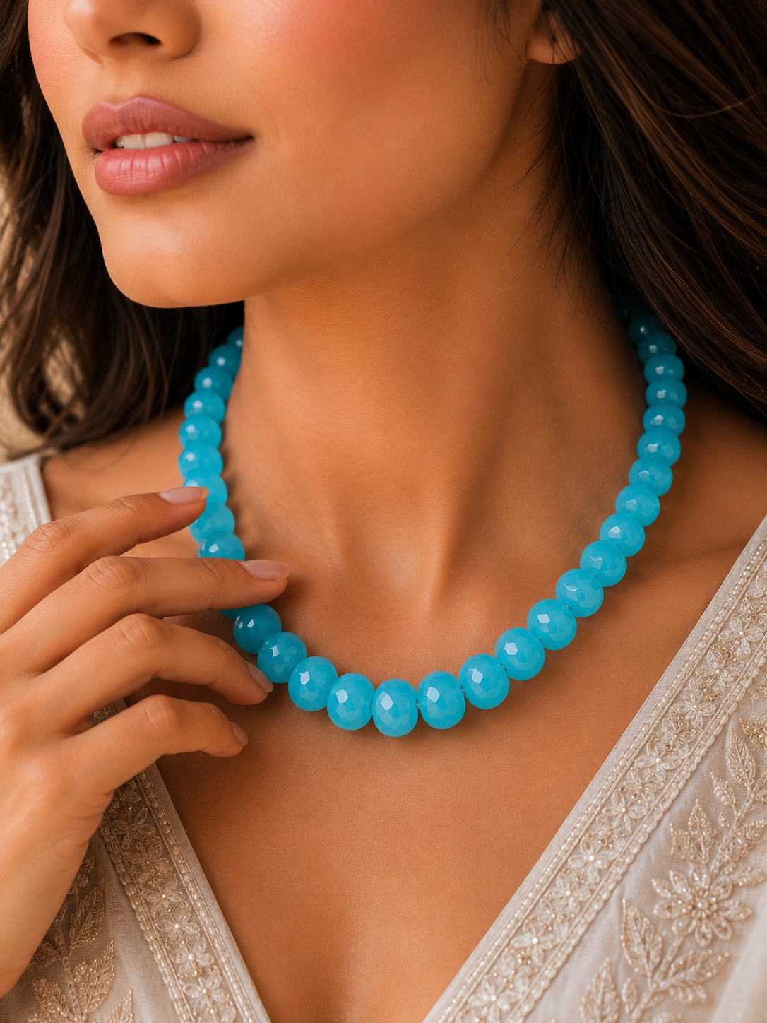 Aqua Blue Chalcedony Beaded Necklace – Hand Knotted Gemstone Statement Necklace | Luxury Artisan Jewelry