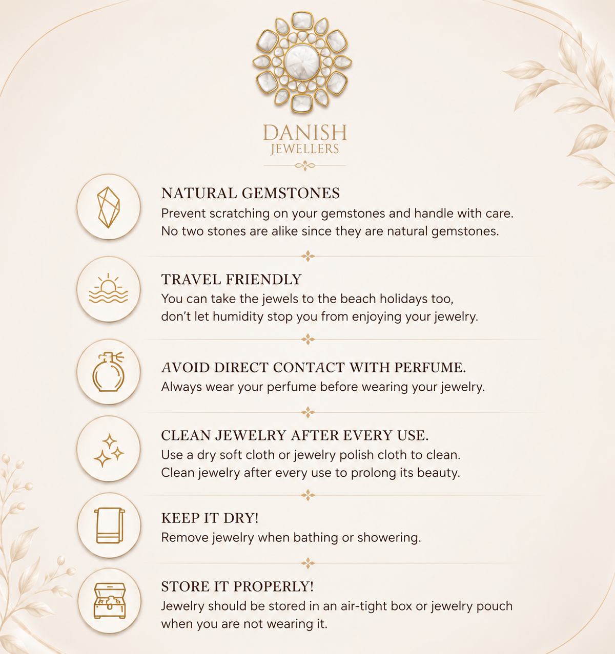 Danish Jewelers care instructions for gemstone jewelry on a light background