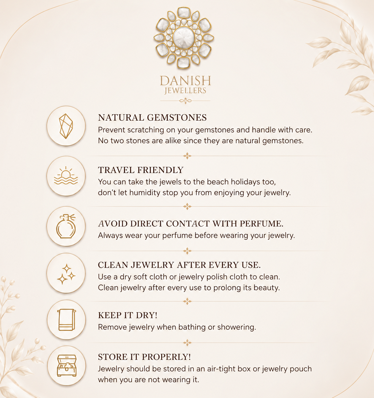 Danish Jewelers care instructions for gemstone jewelry on a light background