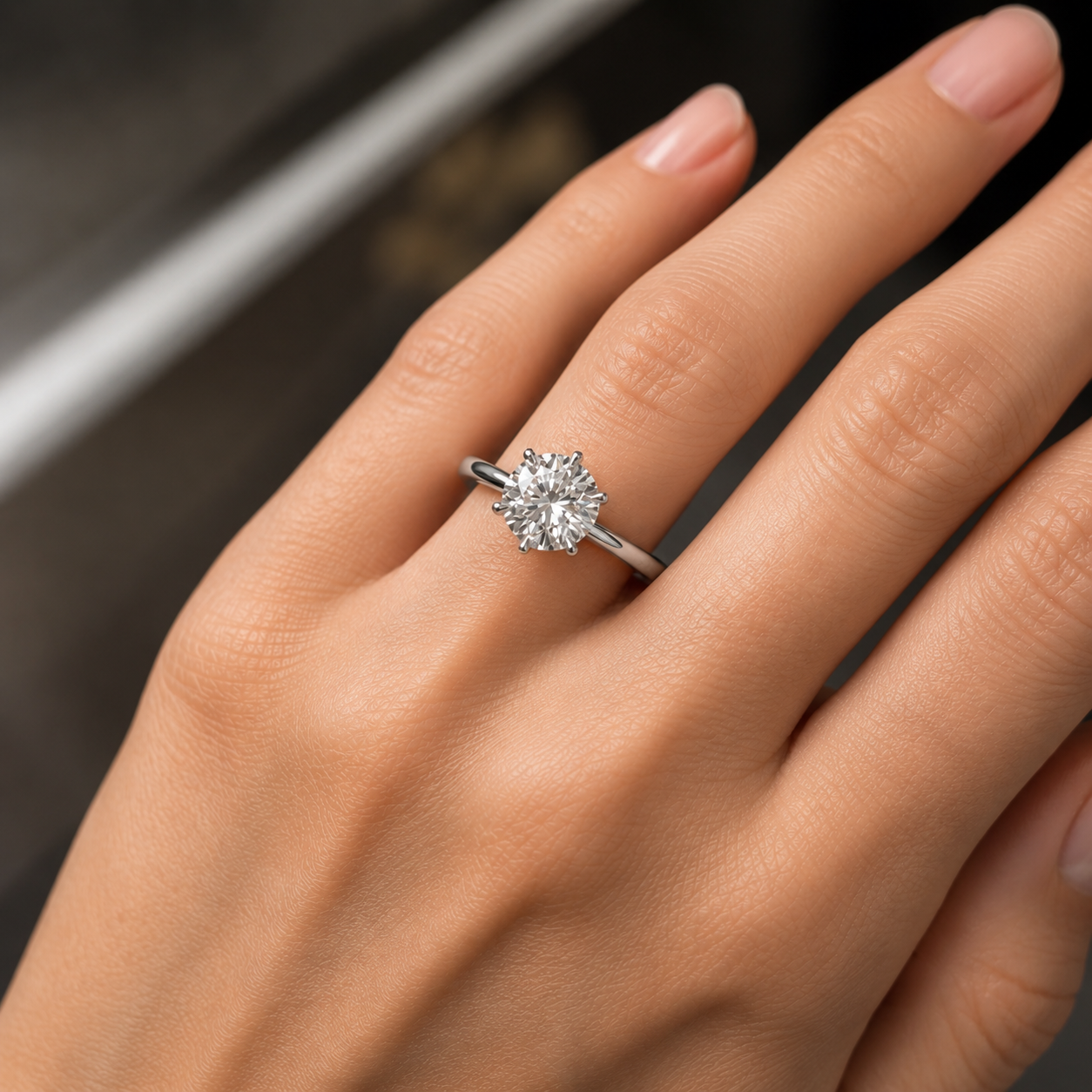 Diamond ring on a person's finger with a blurred background