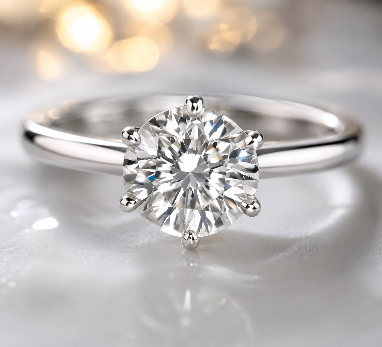 Diamond ring with a clear gemstone on a white background