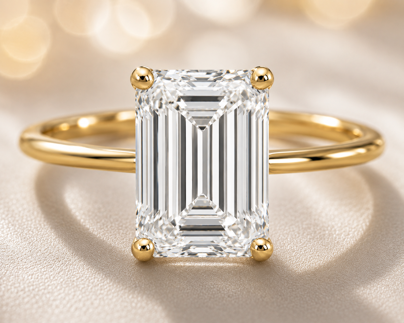 Gold ring with a large emerald-cut diamond on a soft focus background