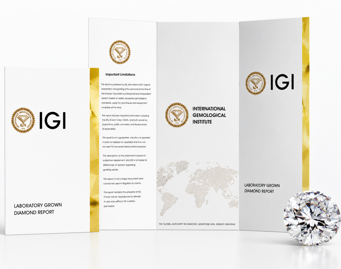 IGI laboratory grown diamond report with a diamond on a white background