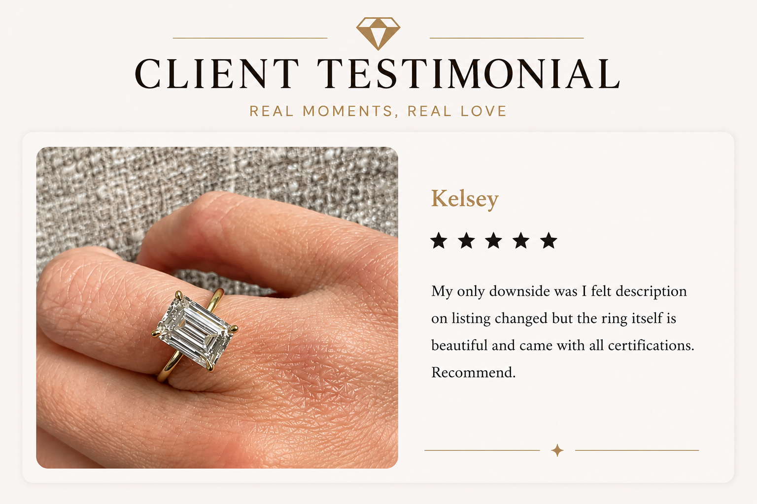 Diamond ring on a hand with a client testimonial above it