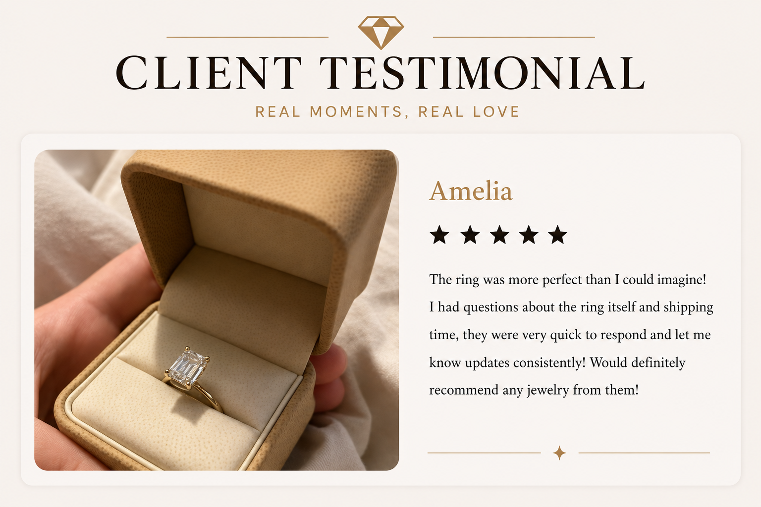 Diamond ring in a box with a five-star client testimonial on a light background