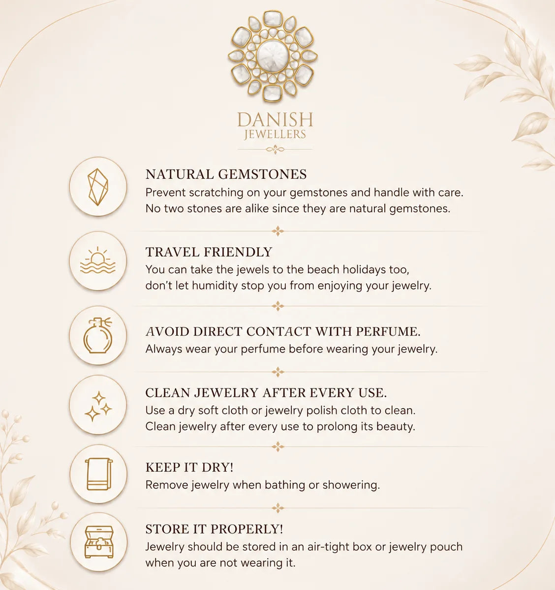 Danish Jewelers care instructions for gemstone jewelry on a light background