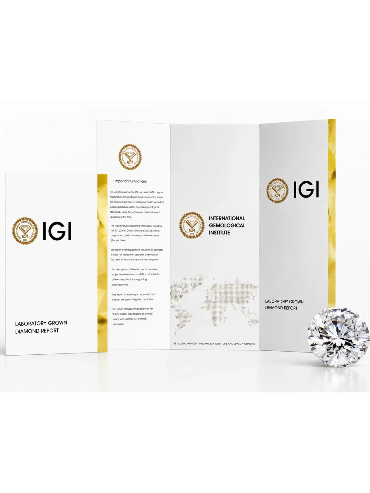 A diamond grading and certification report booklet from the International Gemological Institute (IGI), shown open to display the laboratory grown diamond diamond report, alongside a large clear round diamond on a white background.