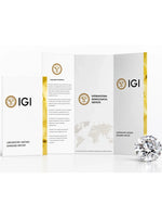 A diamond grading and certification report booklet from the International Gemological Institute (IGI), shown open to display the laboratory grown diamond diamond report, alongside a large clear round diamond on a white background.