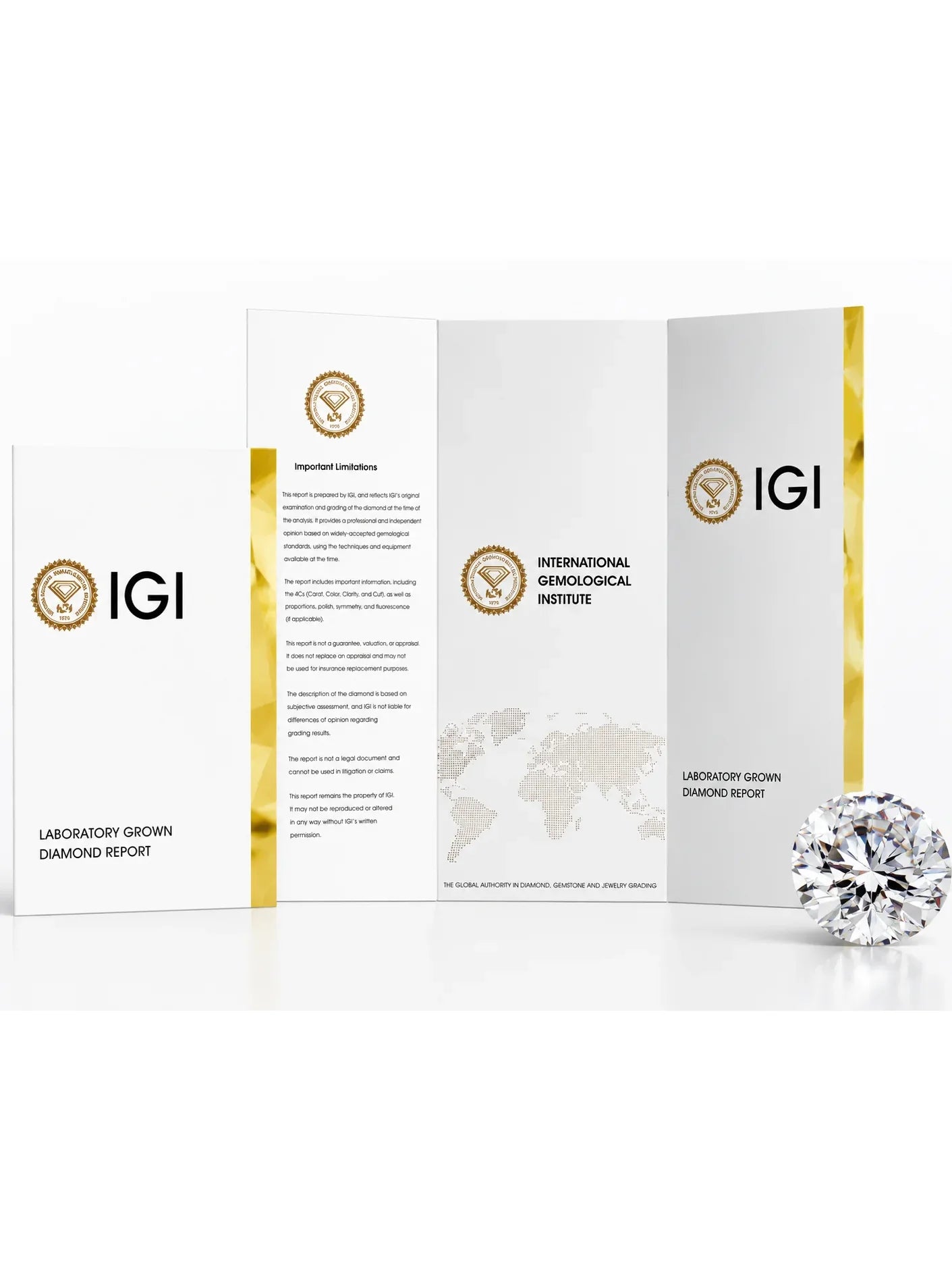 A diamond grading and certification report booklet from the International Gemological Institute (IGI), shown open to display the laboratory grown diamond diamond report, alongside a large clear round diamond on a white background.