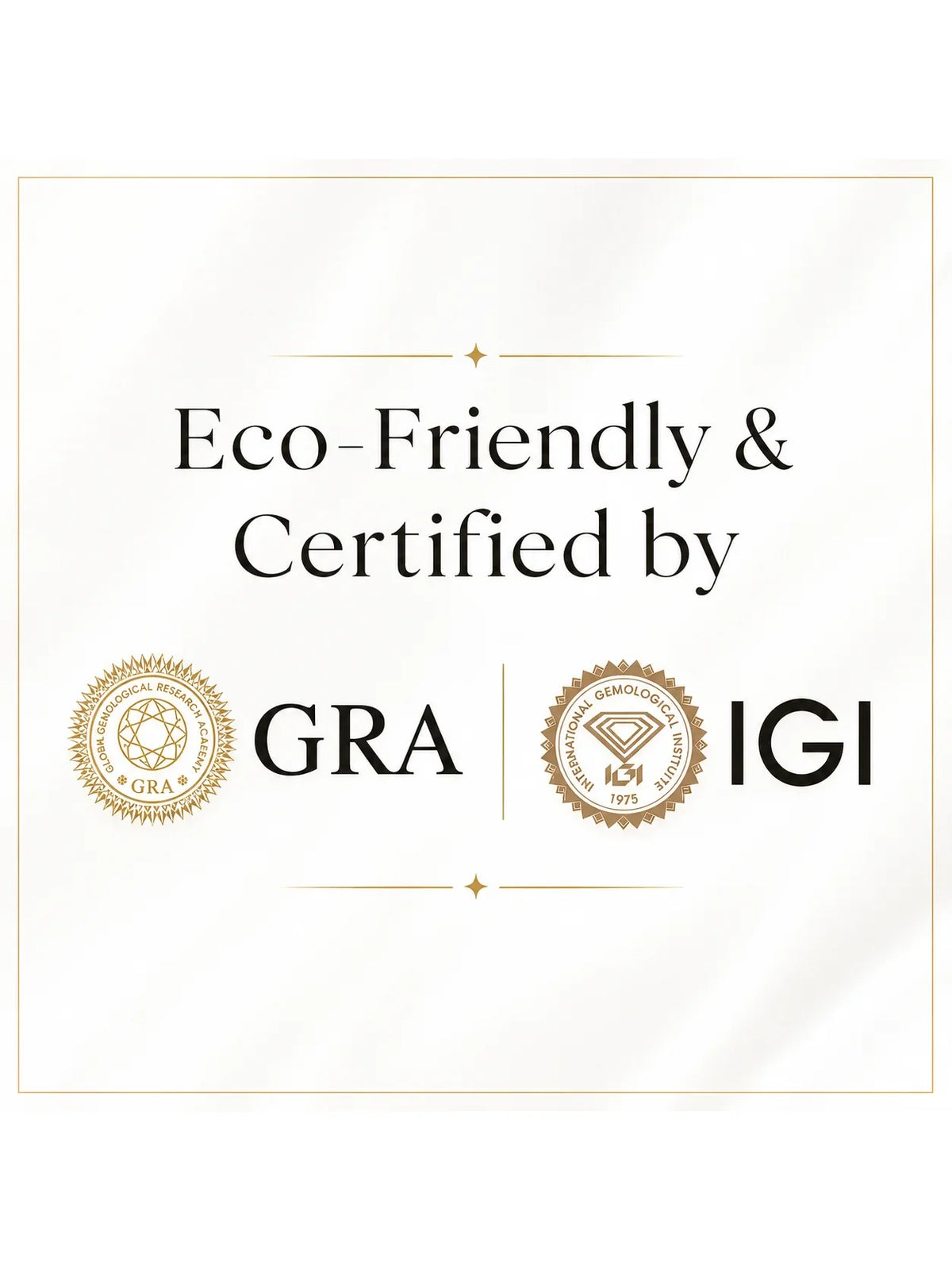 Certification graphic reading 'Eco-Friendly & Certified by' with the GRA and IGI logos below on a white background.