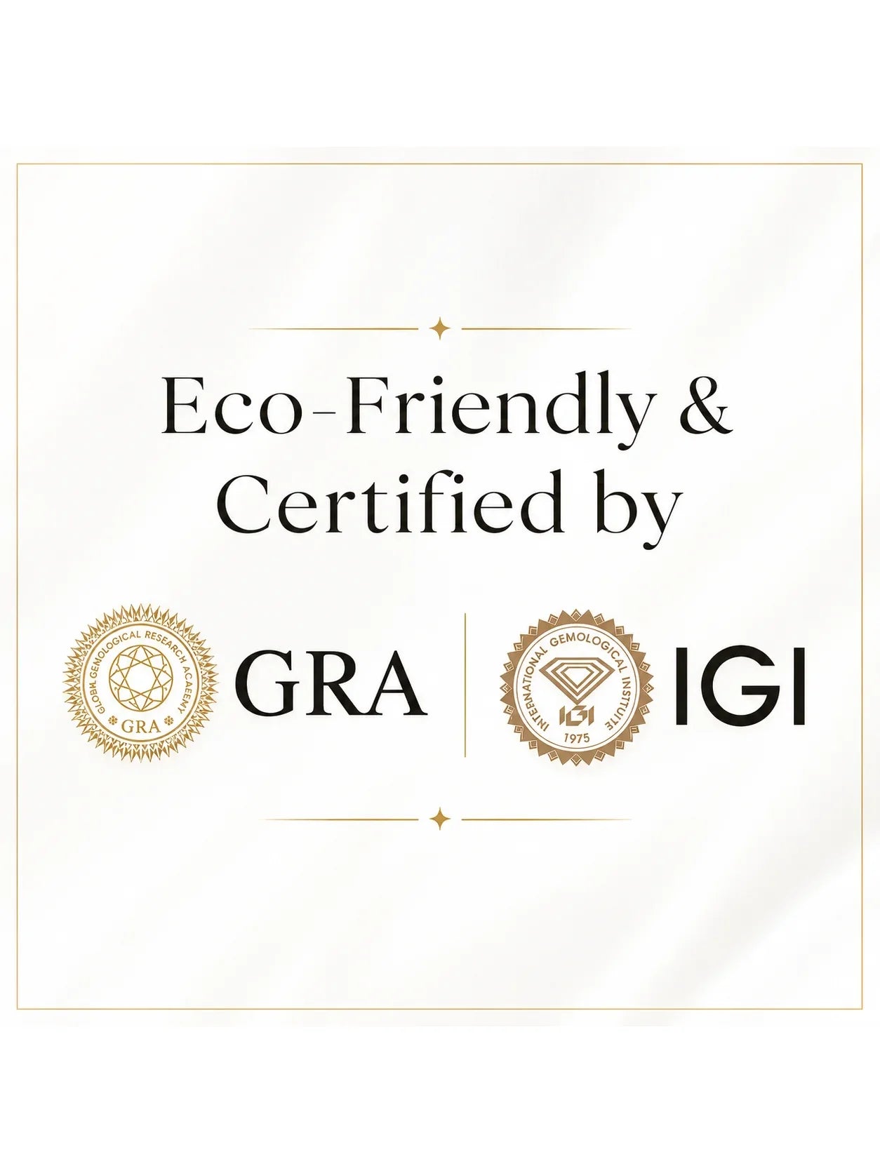 Certification graphic reading 'Eco-Friendly & Certified by' with the GRA and IGI logos below on a white background.