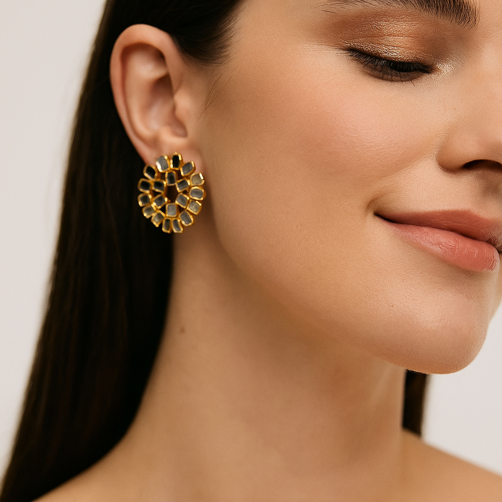 Mirror Style Round Kundan Earrings – 22K Gold Finish Luxe Statement Jewelry