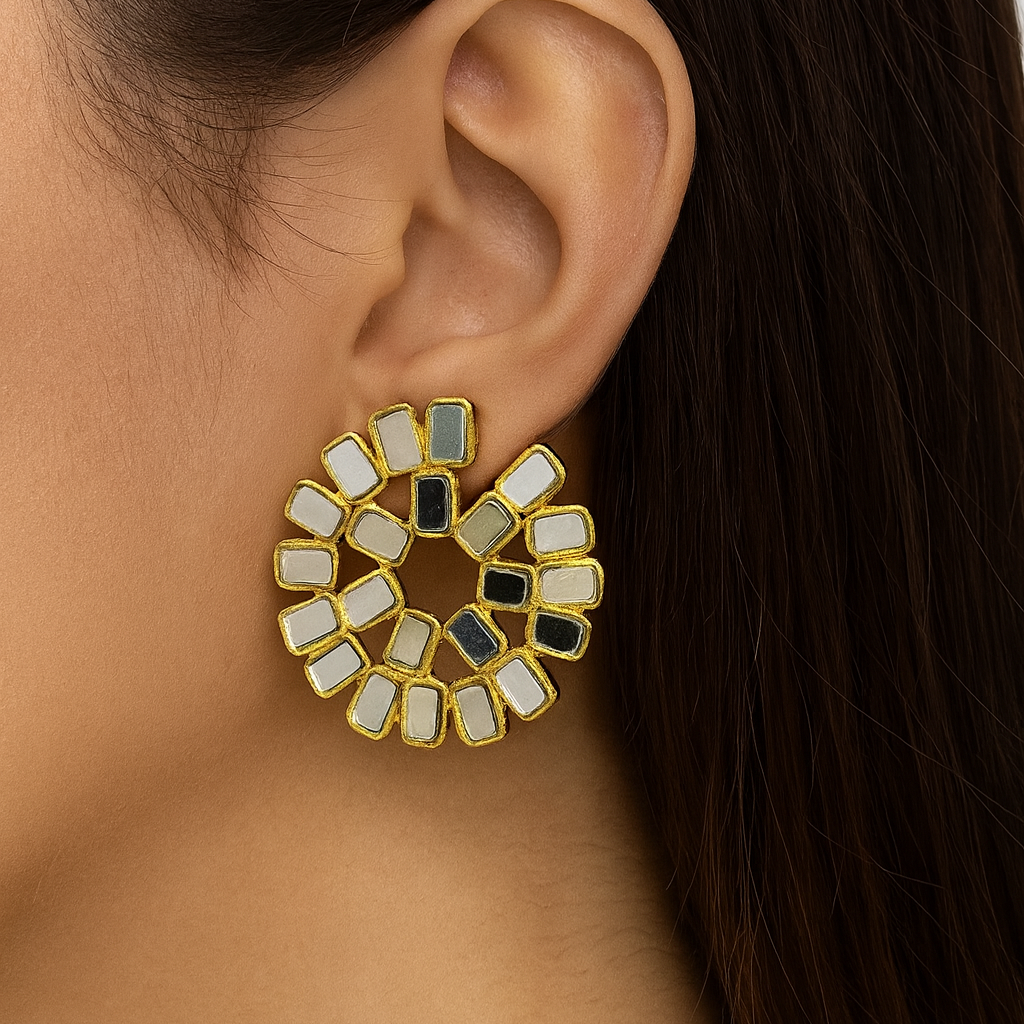 Mirror Style Round Kundan Earrings – 22K Gold Finish Luxe Statement Jewelry